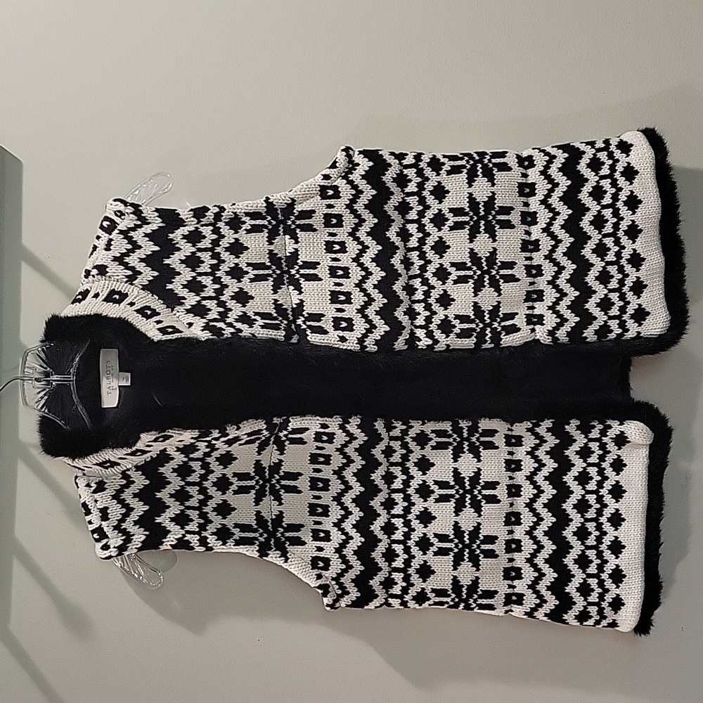 Talbots Black and White Knit Faux-Fur Trim Vest